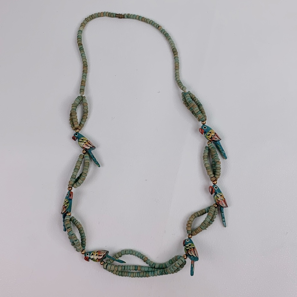 Vintage Tropical Wooden Beaded Parrot Bird Necklace Green Blue Gold screw clasp